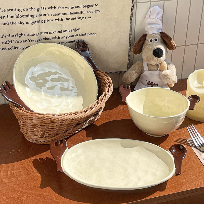 Set de farfurii de desert și boluri de orez din ceramică maro, cu o farfurie adâncă, stil drăguț pentru mese ușoare, inclusiv o farfurie pentru salată și un bol de iaurt
