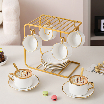 Set ceramic pentru cafea cu farfurioară, în stil nordic, cu margine auriu – elegant, minimalist, pentru uz casnic și ceai de după-amiază