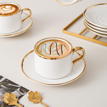 Set ceramic pentru cafea cu farfurioară, în stil nordic, cu margine auriu – elegant, minimalist, pentru uz casnic și ceai de după-amiază