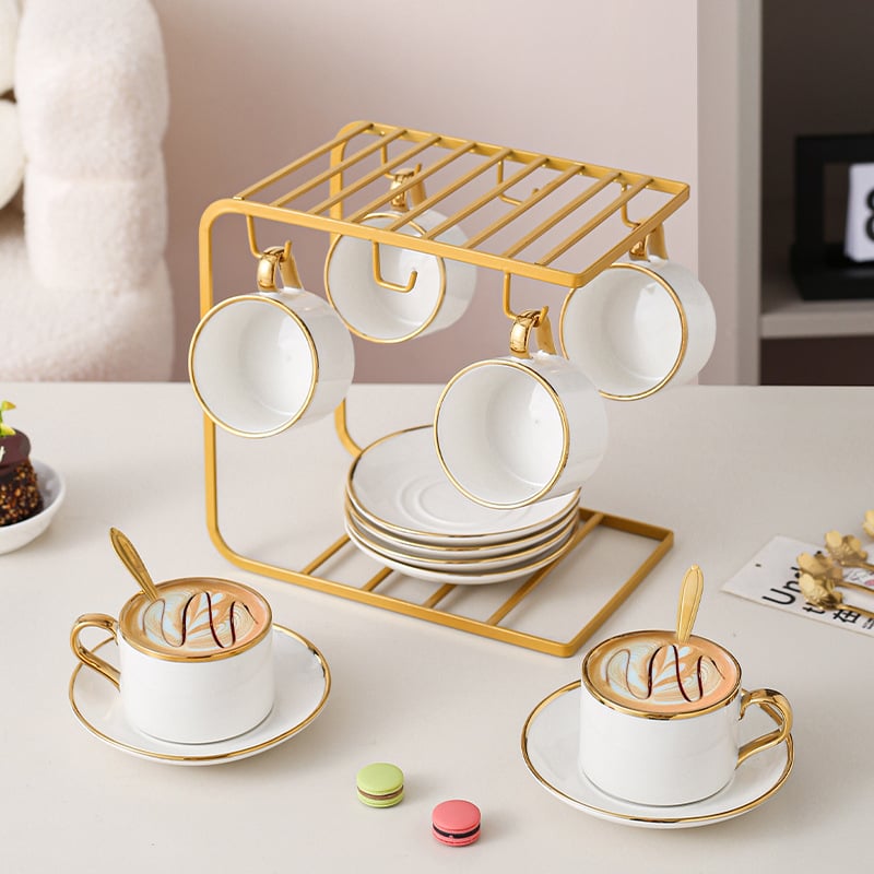 Set ceramic pentru cafea cu farfurioară, în stil nordic, cu margine auriu – elegant, minimalist, pentru uz casnic și ceai de după-amiază