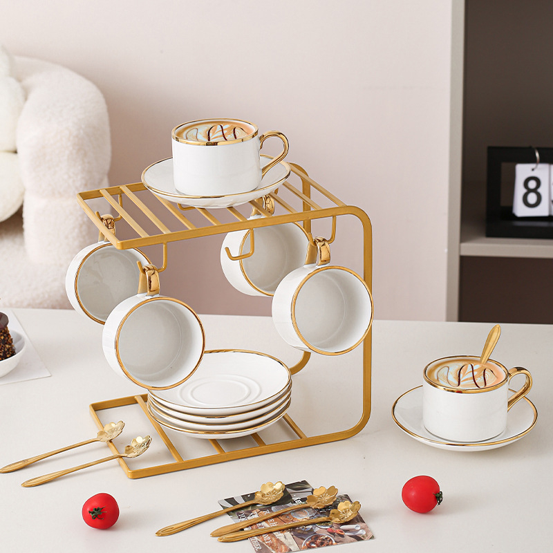 Set ceramic pentru cafea cu farfurioară, în stil nordic, cu margine auriu – elegant, minimalist, pentru uz casnic și ceai de după-amiază