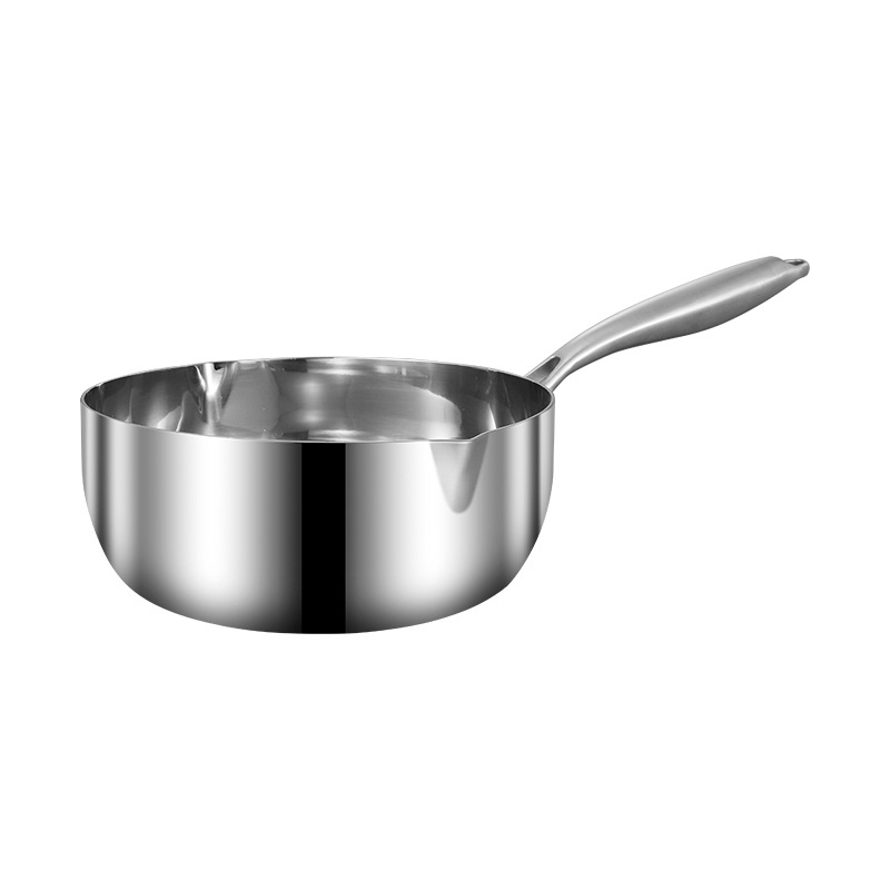 Oală de lapte din oțel inoxidabil 304, mâner unic, stil Yukihira japonez, bază triplu, gură de turnare, pentru încălzire lapte, gătit tăiței și supă (18/20/22/24 cm)
