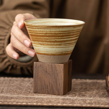 Ceașă de cafea din ceramică stoneware, cu formă de pâlnie, stil retro, set cu farfurioară