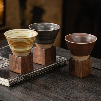 Ceașă de cafea din ceramică stoneware, cu formă de pâlnie, stil retro, set cu farfurioară