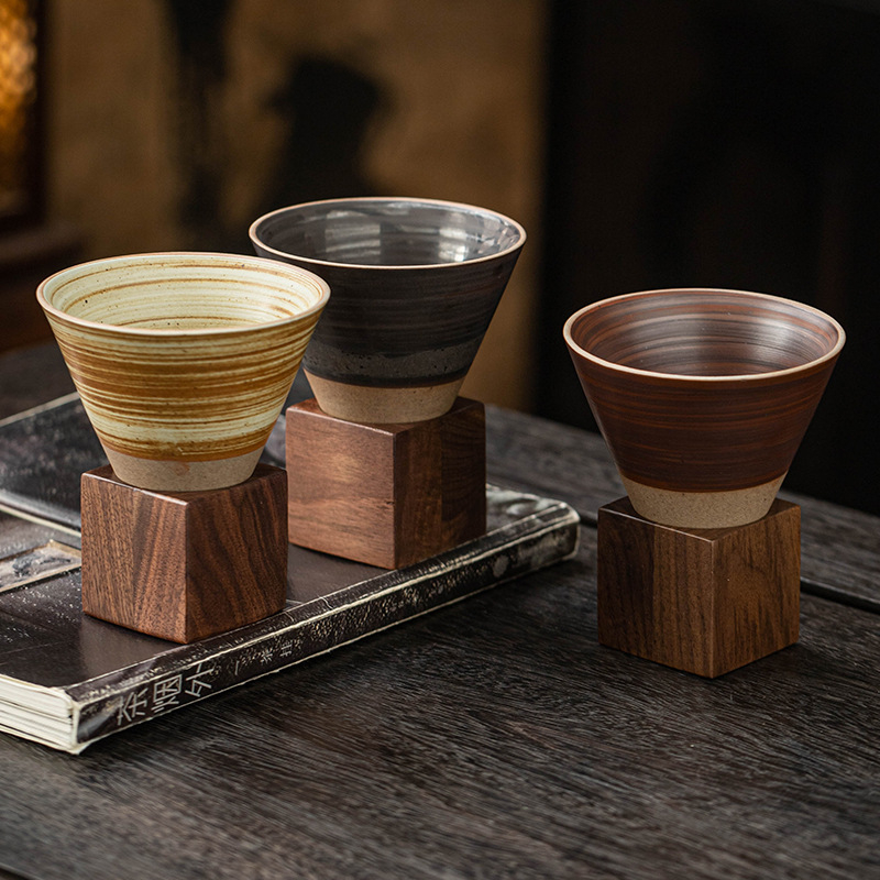 Ceașă de cafea din ceramică stoneware, cu formă de pâlnie, stil retro, set cu farfurioară