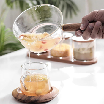 Oală de lapte din sticlă borosilicată, cu mâner lateral din lemn, cu o singură mână, rezistentă la căldură, pentru uz casnic, potrivită pentru paste și supe, transparentă