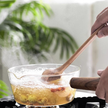 Oală de lapte din sticlă borosilicată, cu mâner lateral din lemn, cu o singură mână, rezistentă la căldură, pentru uz casnic, potrivită pentru paste și supe, transparentă
