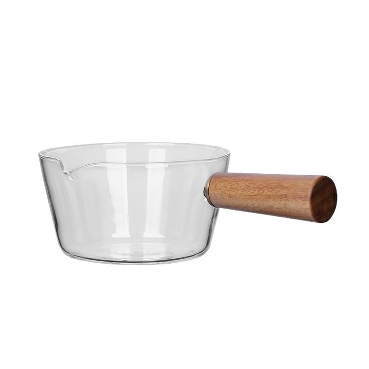Oală de lapte din sticlă borosilicată, cu mâner lateral din lemn, cu o singură mână, rezistentă la căldură, pentru uz casnic, potrivită pentru paste și supe, transparentă