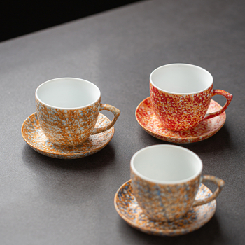 Set cană de cafea și farfurie din ceramică, finisaj cu stropi de cerneală, stil boem retro, cană latte art