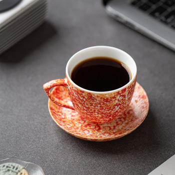 Set cană de cafea și farfurie din ceramică, finisaj cu stropi de cerneală, stil boem retro, cană latte art