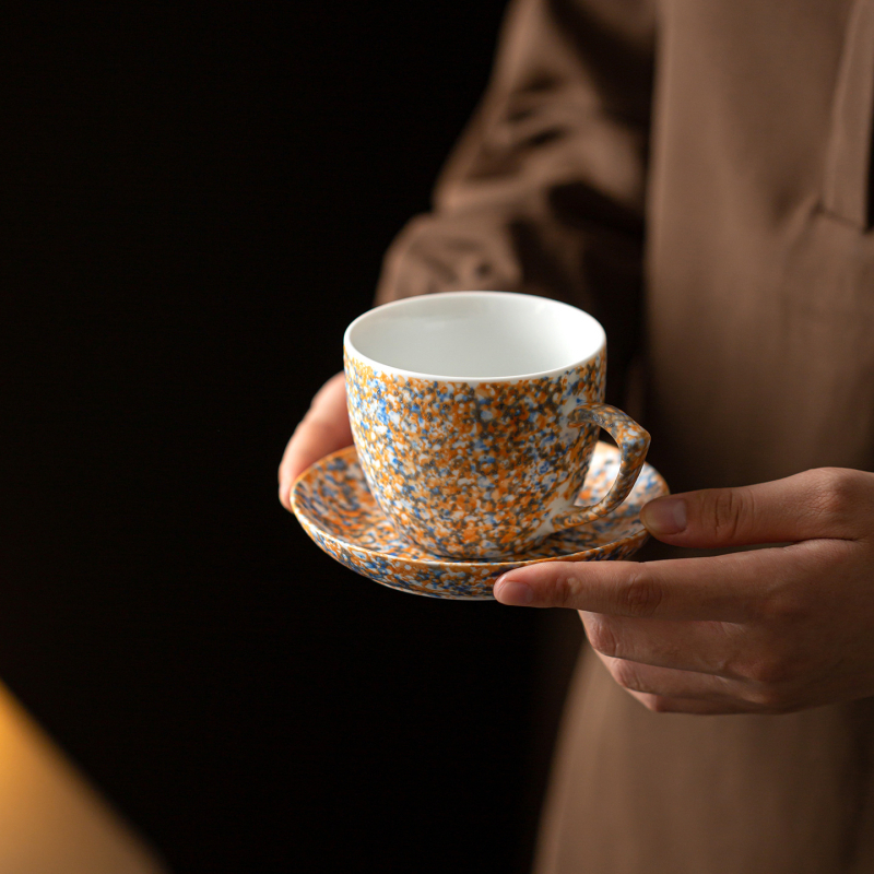 Set cană de cafea și farfurie din ceramică, finisaj cu stropi de cerneală, stil boem retro, cană latte art