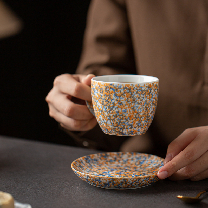 Set cană de cafea și farfurie din ceramică, finisaj cu stropi de cerneală, stil boem retro, cană latte art