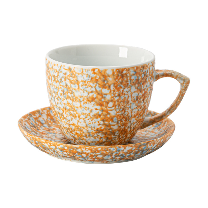 Set cană de cafea și farfurie din ceramică, finisaj cu stropi de cerneală, stil boem retro, cană latte art