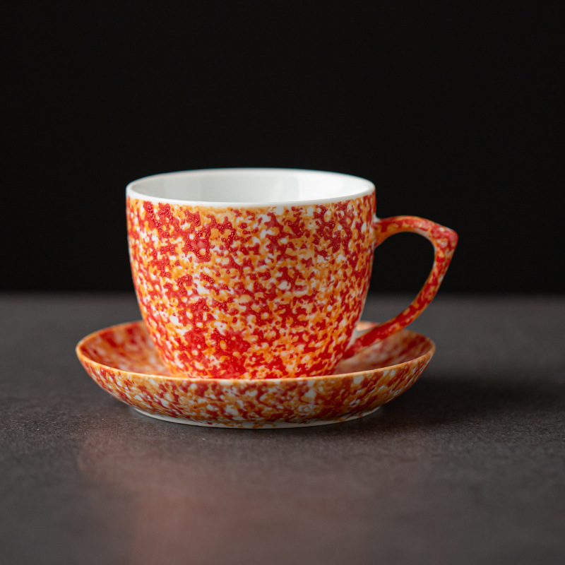 Set cană de cafea și farfurie din ceramică, finisaj cu stropi de cerneală, stil boem retro, cană latte art