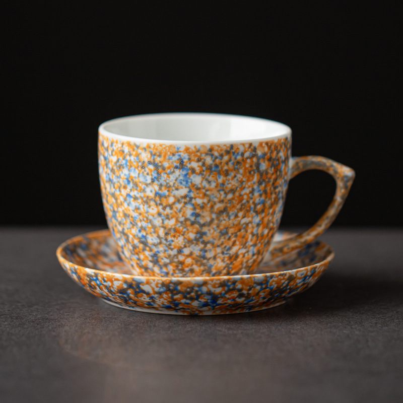 Set cană de cafea și farfurie din ceramică, finisaj cu stropi de cerneală, stil boem retro, cană latte art