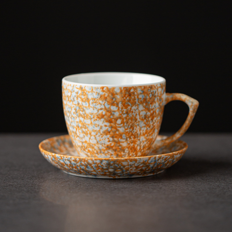 Set cană de cafea și farfurie din ceramică, finisaj cu stropi de cerneală, stil boem retro, cană latte art