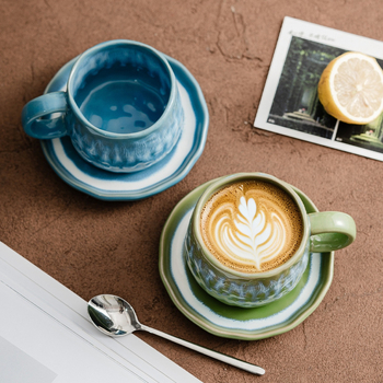 Set de cești de cafea din ceramică cu farfurie, latte art în relief, stil vintage