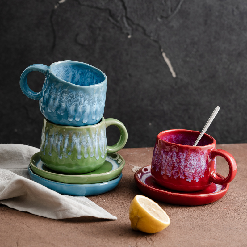 Set de cești de cafea din ceramică cu farfurie, latte art în relief, stil vintage