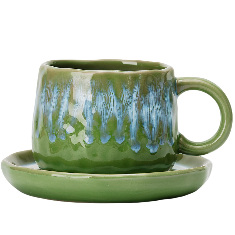 Set de cești de cafea din ceramică cu farfurie, latte art în relief, stil vintage