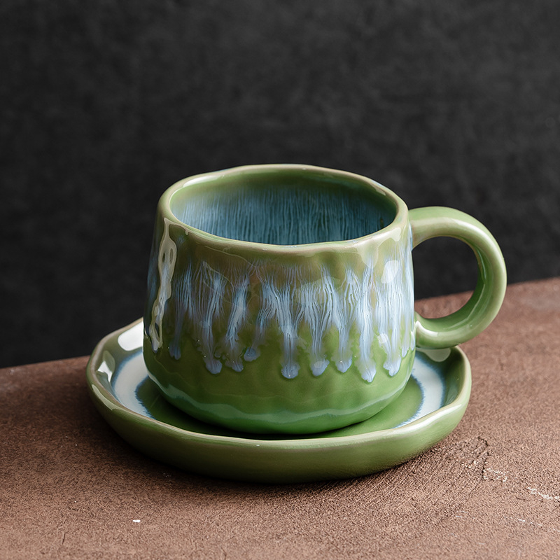 Set de cești de cafea din ceramică cu farfurie, latte art în relief, stil vintage
