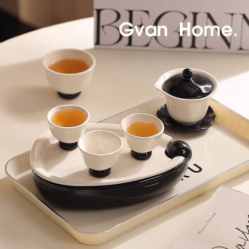 Set Gongfu din porțelan pentru uz casnic, în cutie cadou, cu tavă de ceai, pentru 3-5 persoane