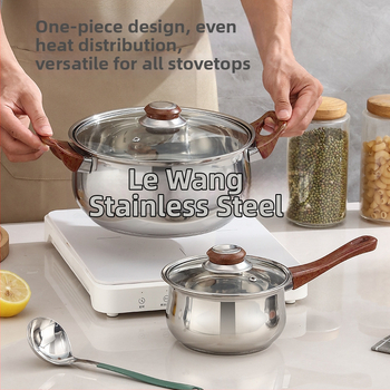 Set de 12 piese din oțel inoxidabil nemagnetic, cu mâner în aspect lemn, bază din trei straturi, include oală pentru lapte, oală pentru supă și tigaie