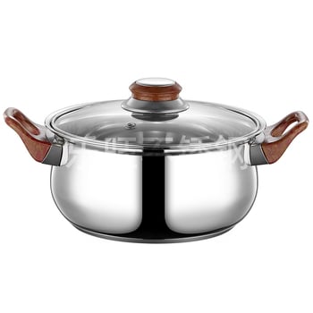 Set de 12 piese din oțel inoxidabil nemagnetic, cu mâner în aspect lemn, bază din trei straturi, include oală pentru lapte, oală pentru supă și tigaie