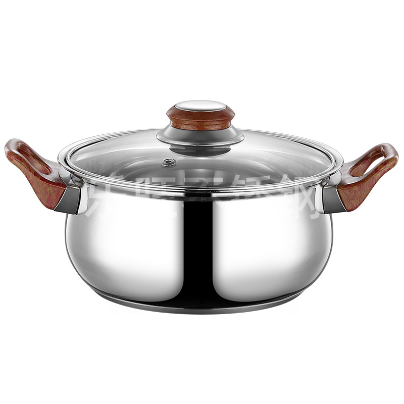 Set de 12 piese din oțel inoxidabil nemagnetic, cu mâner în aspect lemn, bază din trei straturi, include oală pentru lapte, oală pentru supă și tigaie