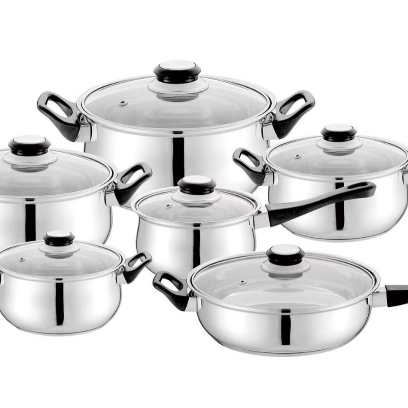 Set de 12 piese din oțel inoxidabil nemagnetic, cu mâner în aspect lemn, bază din trei straturi, include oală pentru lapte, oală pentru supă și tigaie