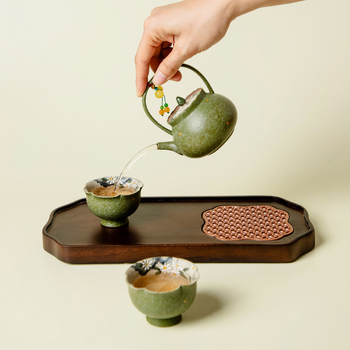 Set Gongfu de ceai în stil chinezesc, cu motiv de margarete verzi și portocale de primăvară, ceainic ceramic de înaltă calitate cu mâner, două cești și farfurioară de ceai din porțelan