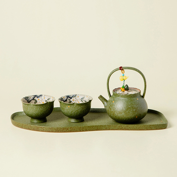 Set Gongfu de ceai în stil chinezesc, cu motiv de margarete verzi și portocale de primăvară, ceainic ceramic de înaltă calitate cu mâner, două cești și farfurioară de ceai din porțelan
