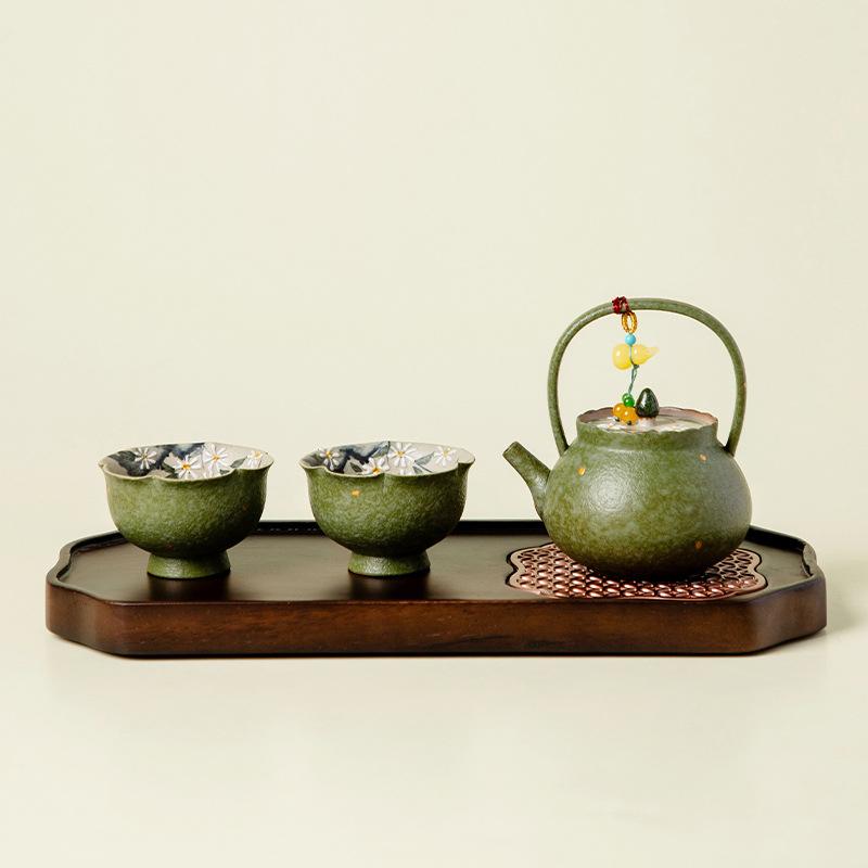 Set Gongfu de ceai în stil chinezesc, cu motiv de margarete verzi și portocale de primăvară, ceainic ceramic de înaltă calitate cu mâner, două cești și farfurioară de ceai din porțelan