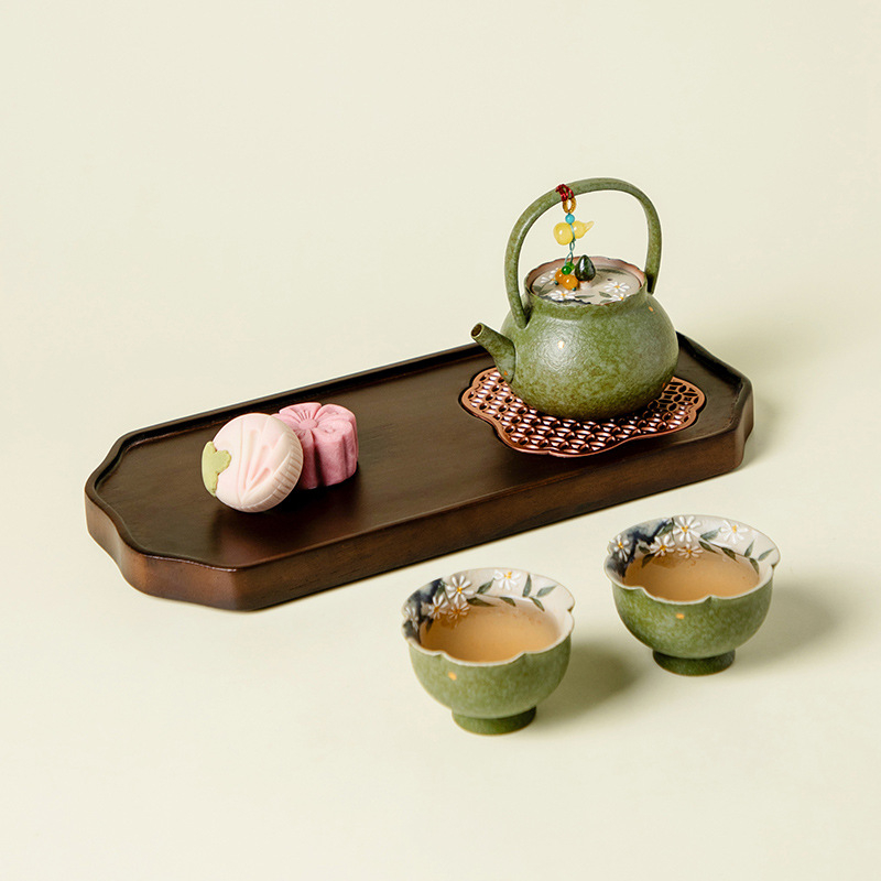 Set Gongfu de ceai în stil chinezesc, cu motiv de margarete verzi și portocale de primăvară, ceainic ceramic de înaltă calitate cu mâner, două cești și farfurioară de ceai din porțelan