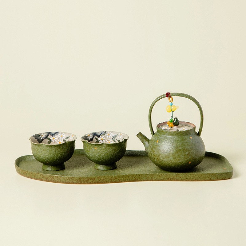 Set Gongfu de ceai în stil chinezesc, cu motiv de margarete verzi și portocale de primăvară, ceainic ceramic de înaltă calitate cu mâner, două cești și farfurioară de ceai din porțelan