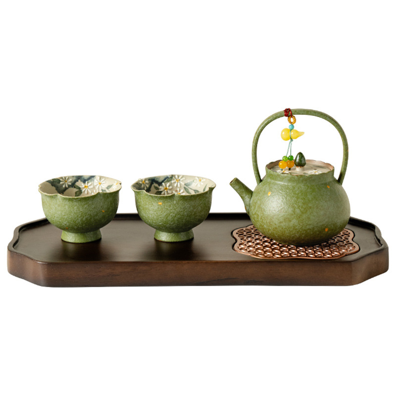 Set Gongfu de ceai în stil chinezesc, cu motiv de margarete verzi și portocale de primăvară, ceainic ceramic de înaltă calitate cu mâner, două cești și farfurioară de ceai din porțelan