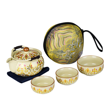Ru Kiln set de ceai: o ceainică și trei cești, compact pentru călătorii, camping, cadou, stil retro