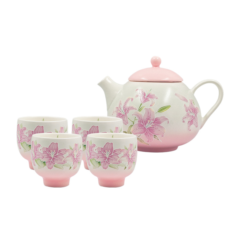 Shang En set de ceai ceramic pentru uz casnic, cutie cadou, design reliefat cu crini, culoare sub glazură, pachet cu șase seturi, stil retro elegant