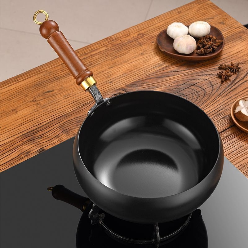 Wok mare din fontă pentru bucătărie, adânc, antiaderent, stil chinezesc tradițional