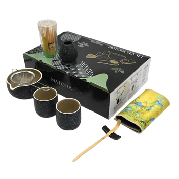 Set japonez din ceramică pentru matcha, cu tel de bambus și lingură de ceai – unelte pentru ceremonia ceaiului