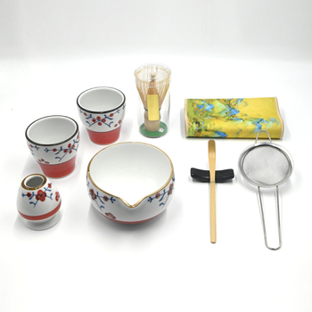 Set japonez din ceramică pentru matcha, cu tel de bambus și lingură de ceai – unelte pentru ceremonia ceaiului