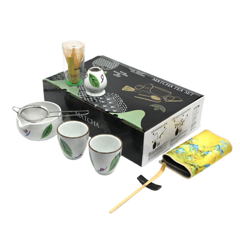 Set japonez din ceramică pentru matcha, cu tel de bambus și lingură de ceai – unelte pentru ceremonia ceaiului