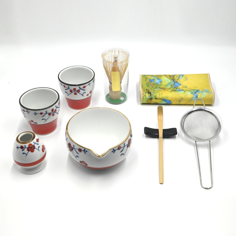 Set japonez din ceramică pentru matcha, cu tel de bambus și lingură de ceai – unelte pentru ceremonia ceaiului