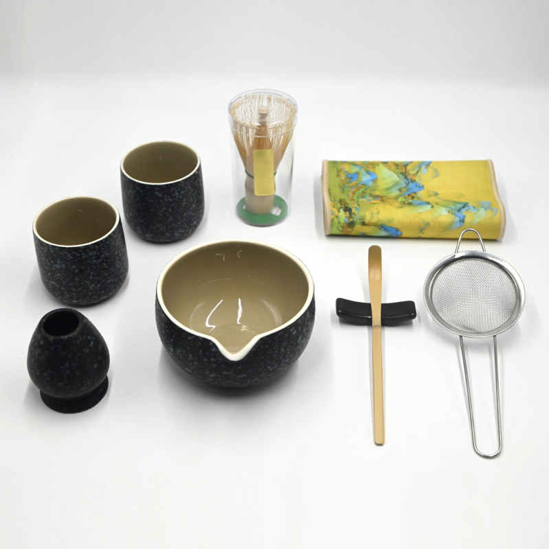 Set japonez din ceramică pentru matcha, cu tel de bambus și lingură de ceai – unelte pentru ceremonia ceaiului
