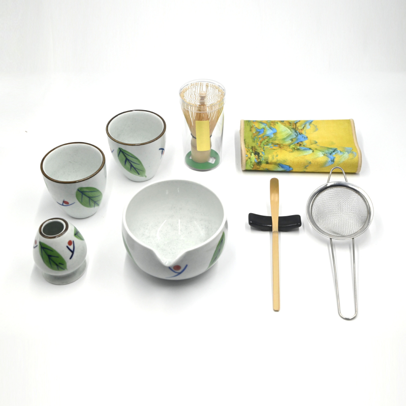 Set japonez din ceramică pentru matcha, cu tel de bambus și lingură de ceai – unelte pentru ceremonia ceaiului