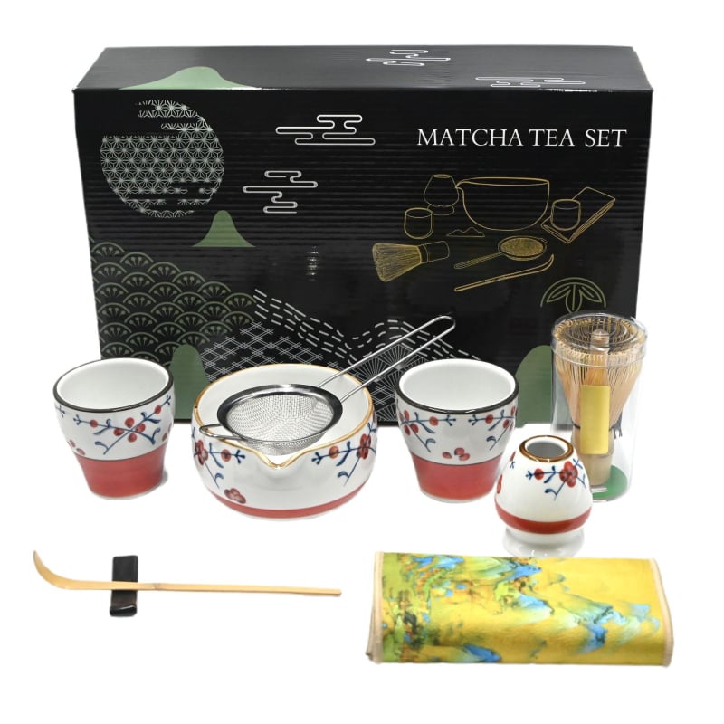 Set japonez din ceramică pentru matcha, cu tel de bambus și lingură de ceai – unelte pentru ceremonia ceaiului
