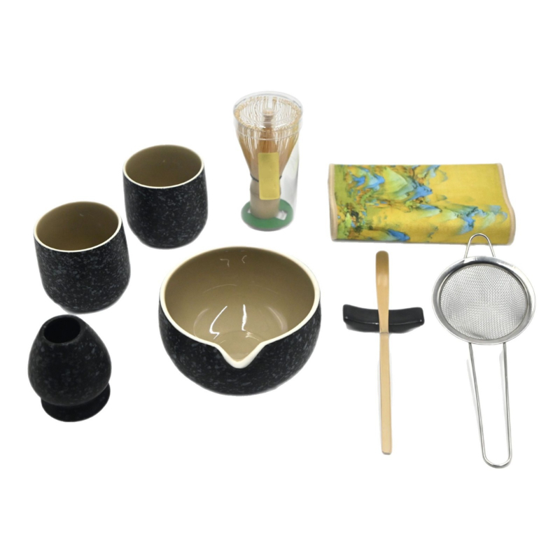 Set japonez din ceramică pentru matcha, cu tel de bambus și lingură de ceai – unelte pentru ceremonia ceaiului