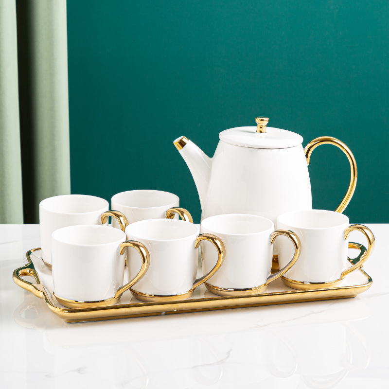 Set ceramic de lux pentru ceai cu tavă – ceainic, căni de ceai și cană de apă