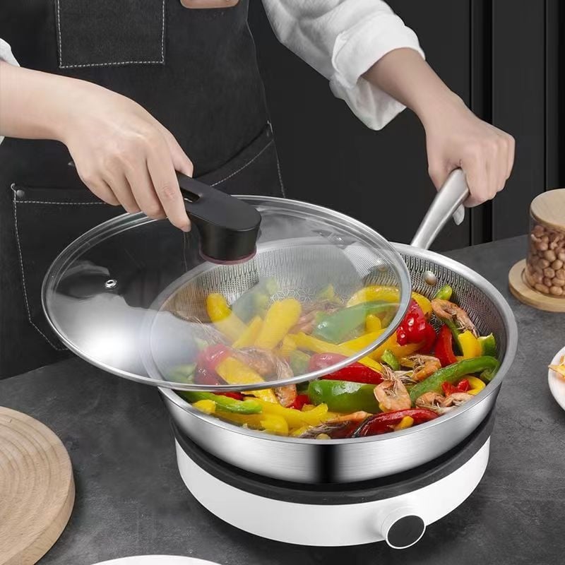 Tigaie din oțel inoxidabil 304, cu bază dublă și model fagure de miere, fără strat, antiaderent, pentru uz casnic, 32 cm, compatibil cu plită pe gaz și inducție