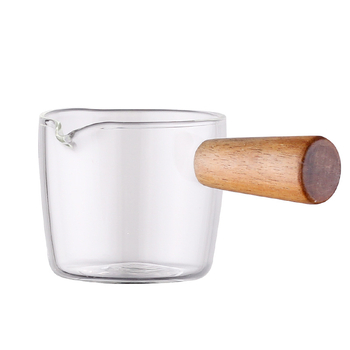 Ceașcă mică de lapte din sticlă cu mâner lateral din lemn, borosilikat de înaltă rezistență, potrivită pentru cafea și sosuri