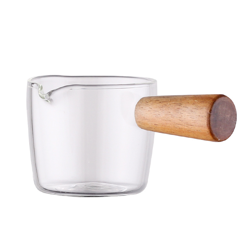Ceașcă mică de lapte din sticlă cu mâner lateral din lemn, borosilikat de înaltă rezistență, potrivită pentru cafea și sosuri
